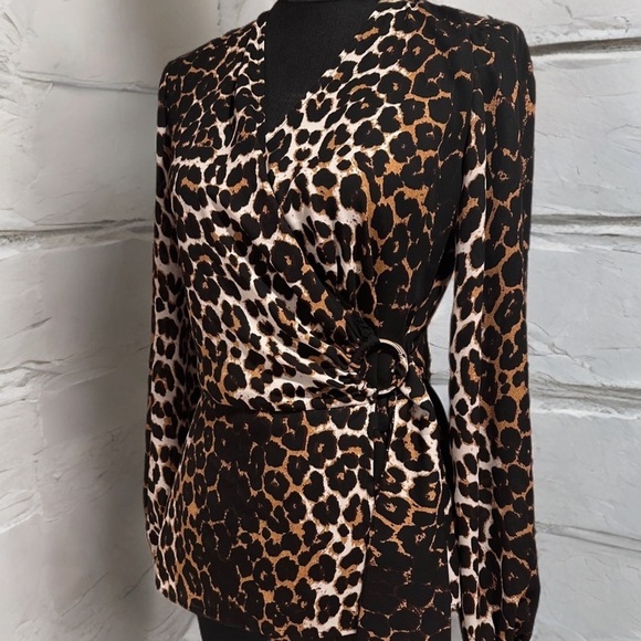Joseph Ribkoff Leopard Wrap Top D Ring Balloon Sleeves Blouse Brown Size 6 Small - Picture 1 of 15